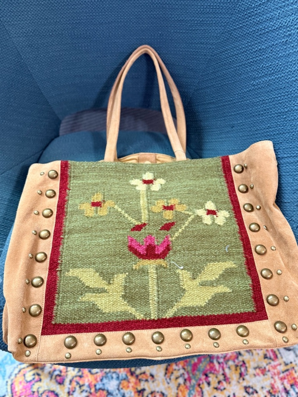 Free People Green Floral Tapestry Tote with Tan Suede Trim and Studs NWOT